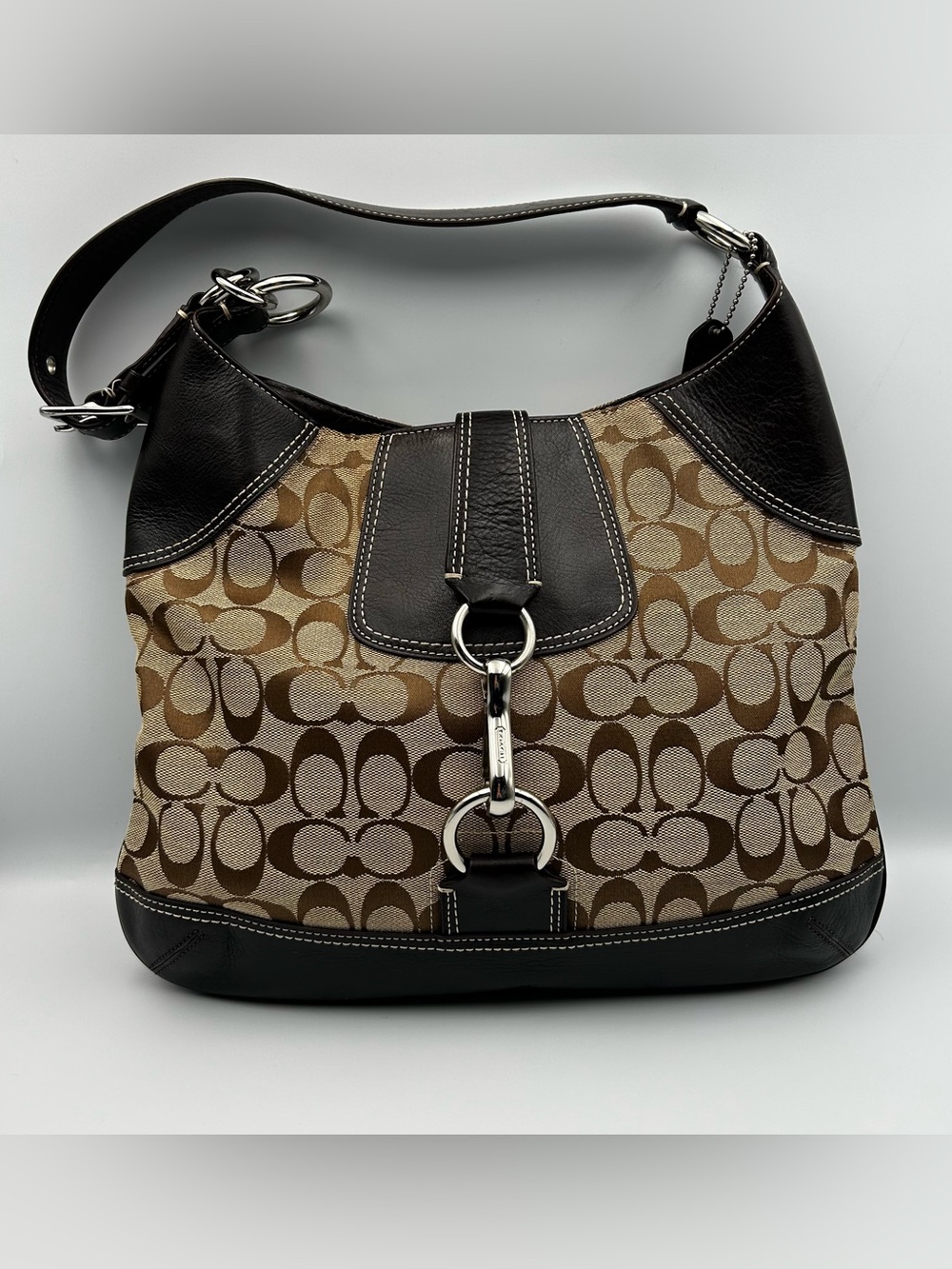 Vintage COACH Hobo Signature Shoulder Bag Canvas Leather Trim Brown Horsebit